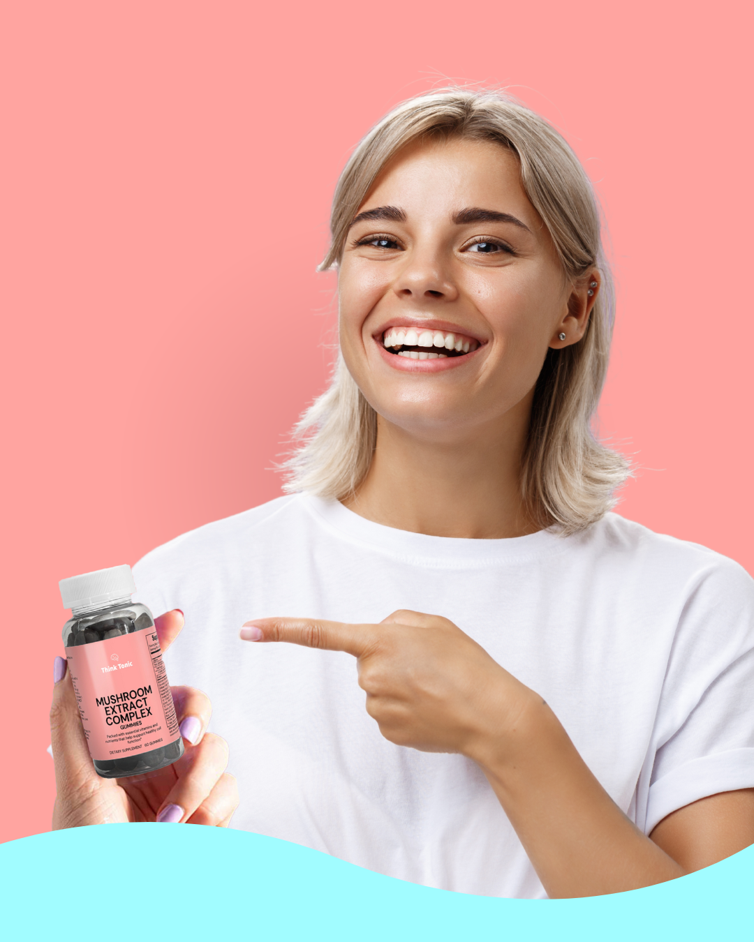 Think Tonic Mushroom Extract Gummies displayed by smiling woman
